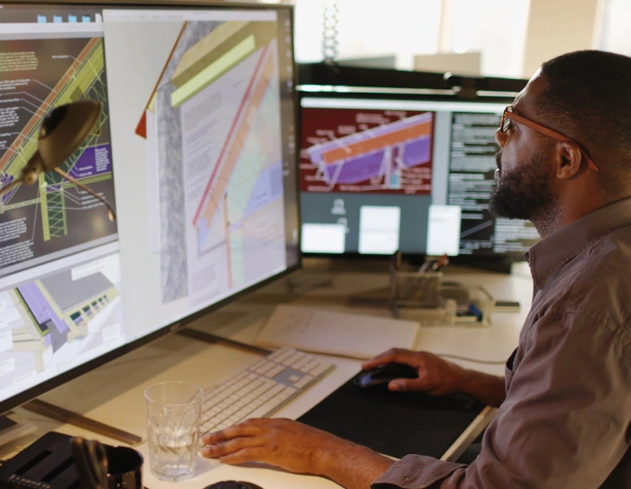 Engineer reviewing a translated AutoCAD drawing with bilingual title block on screen