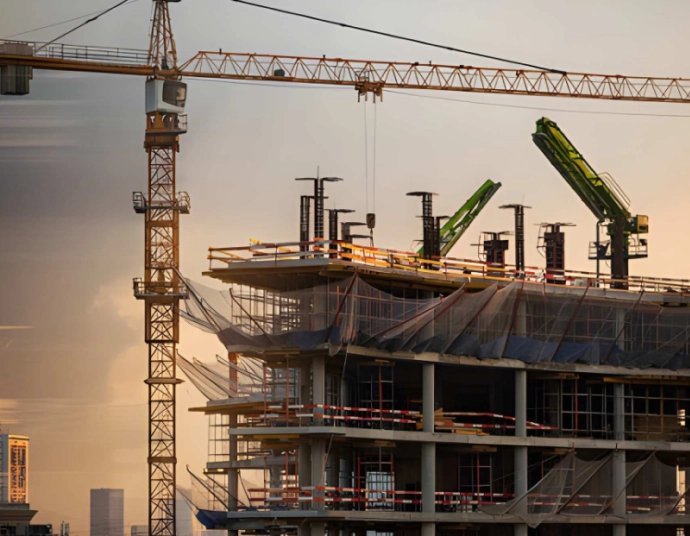 Construction crew reviewing plans on a high-rise jobsite