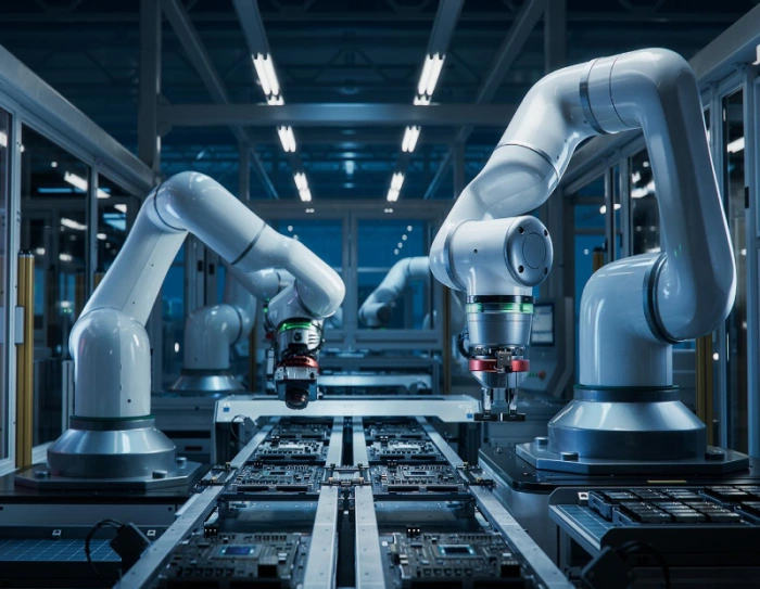 Industrial robot arm on an automated production cell in a US plant